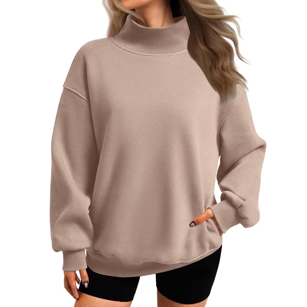 Women's Mock Neck Sweatshirt Loose Fit Casual Color Pullover Top with Side Pockets