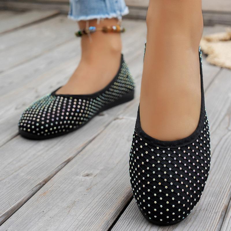 Women's Flat Shoes Spring New Round Head Shallow Mouth Cloth Surface Diamond Soft Sole Non-slip Single Shoes