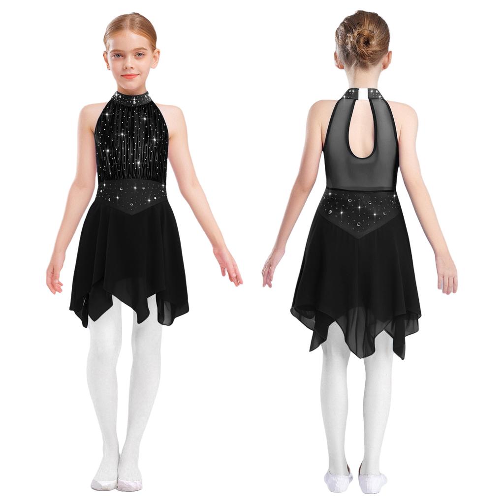 Kids Girls Ice Skating Performance Dress: Sleeveless Keyhole Back Rhinestone Metallic Mesh Bodice with Irregular Chiffon Hem for Competition