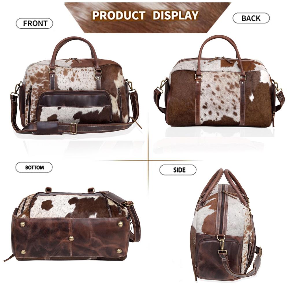 Handmade Cowhide & Hair-On Leather Duffle Bag: 22" Weekender Holdall