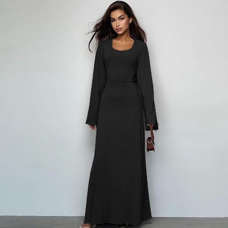 Mode Sexy Solide Rippen Flare Hülse Maxi Kleid Frauen Lace-Up Straps Kleider Frauen Herbst Elegante Büro-dame kleid Kleidung 29614