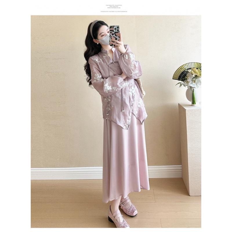 Elegant New Chinese-Style Maternity Two-Piece Set - High-End Fashion Dress XL
