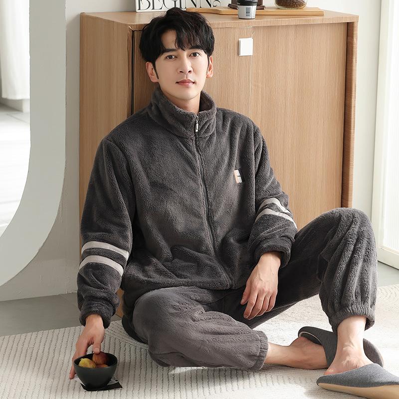 Korallenfleece Pyjama Herren Herbst und Winter Fleece Verdickt Warm Herren Flanell Winter Große Größe Loungewear Set