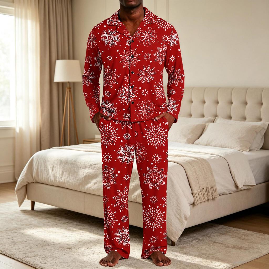 Men's Christmas Pajama Set with Button Down Shirt and Straight Leg Pants, Casual Print Sleepwear Two Piece Outfit, Festive Holiday Loungewear