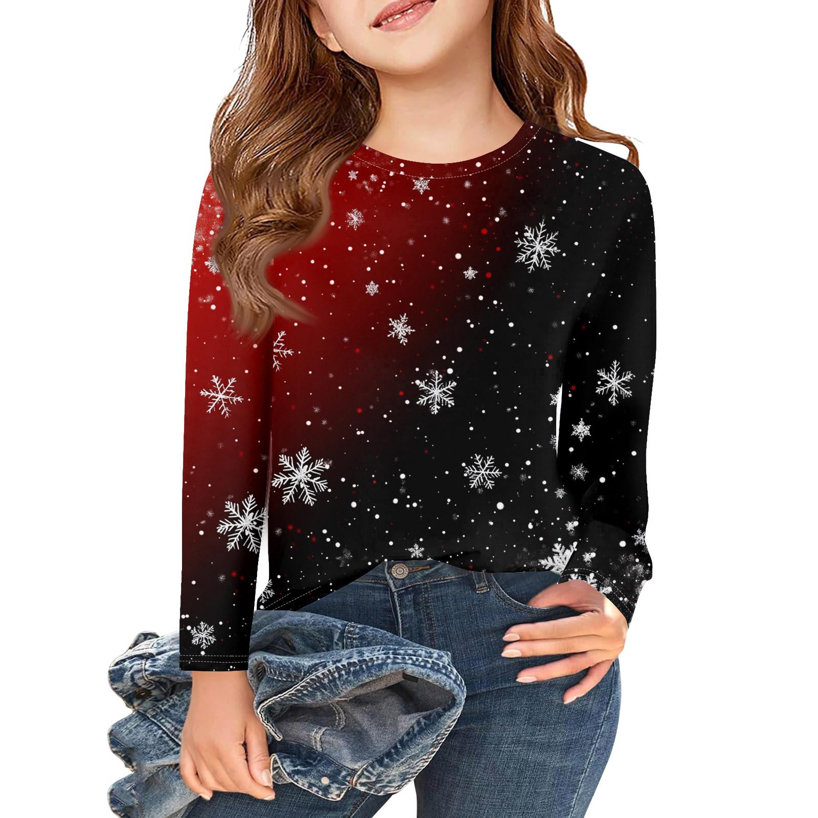 

Рождественские футболки с длинным рукавом для девочек, детские осенние топы с круглым вырезом и принтом, базовые футболки 110 красный