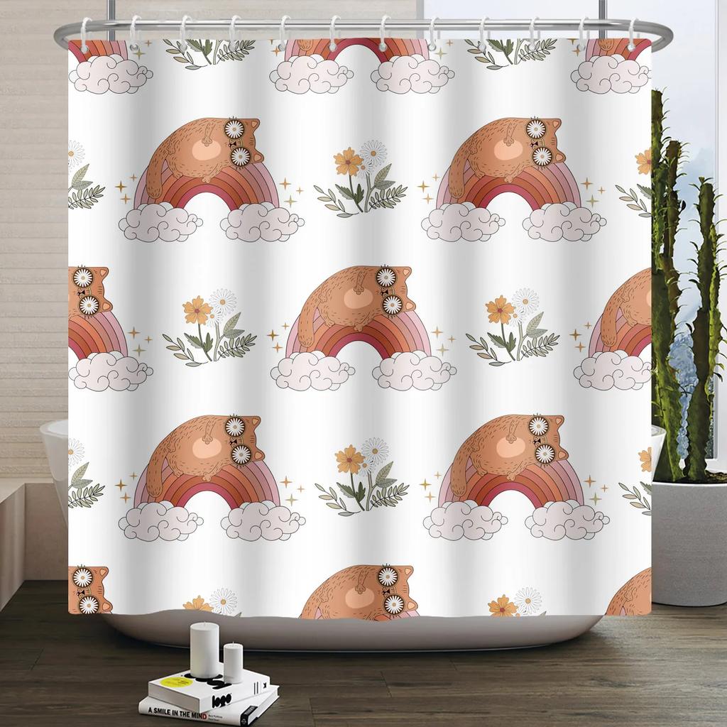 Kreskówkowy Kot Zasłona Prysznicowa Zabawne Zwierzę Słodki Kot Pies Dzieci Nadruk Wodoodporna Kąpiel Łazienka Zasłony Prysznicowe Dekoracja z Haczykami