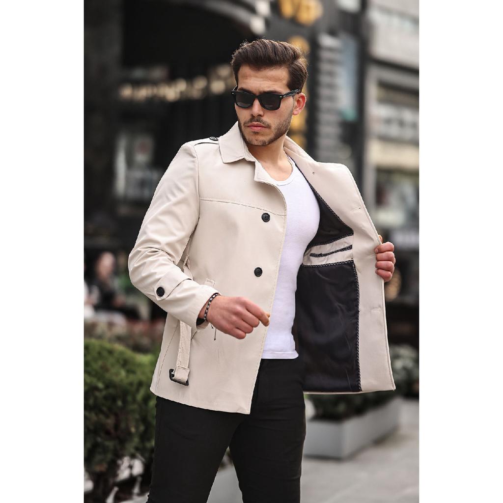 Men's Black Seasonal Lined Belted Double Breasted Trench Coat