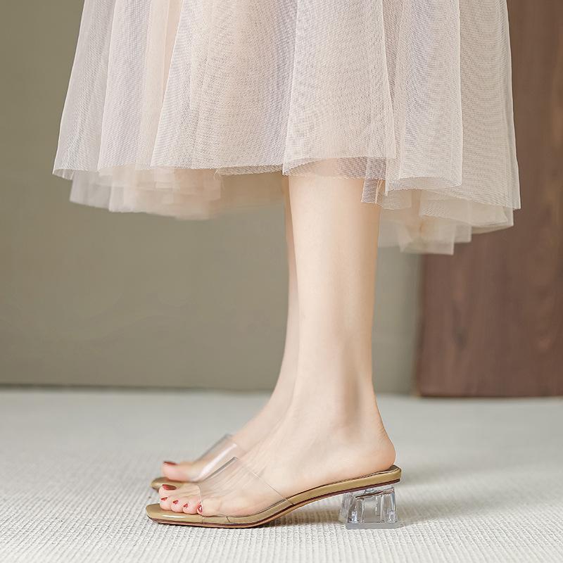 Fashion Elegant Ladies Transprent Slippers Open Toe Clear Heel Summer Pumps Women Silver Leather Outdoor Slides PVC Band Sandalias Mujer