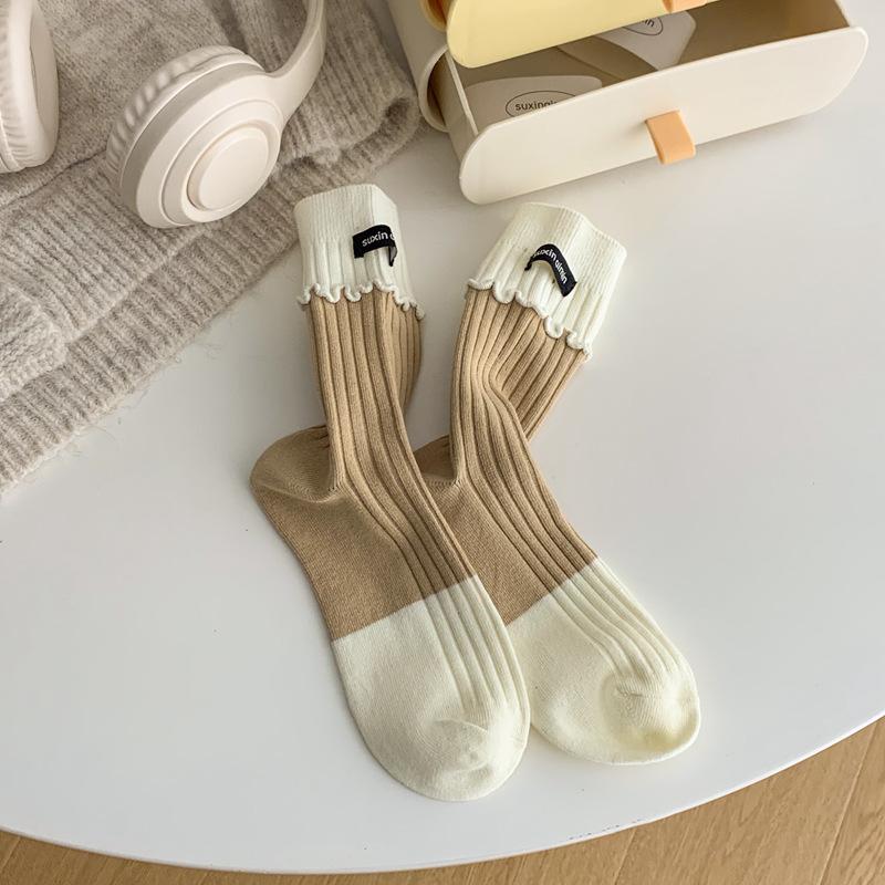 

5pair Lace Socks Children S Cloth Label Contrasting Color Double Needle Medium Tube Cotton Socks Fungus Edge Japanese Stacking Socks Spring And Autumn One size хаки
