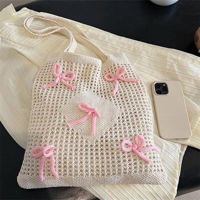 Preppy Style Crochet Tote Bag with Butterfly Accents, Solid Color Polyester Shoulder Bag, Foldable Fashi Beach Bag