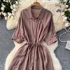 Sexy Chic Polo-Neck Single Breasted Ruffle Dress Elegant Korean Fashion Slim Summer Vintage Sweet Dresses