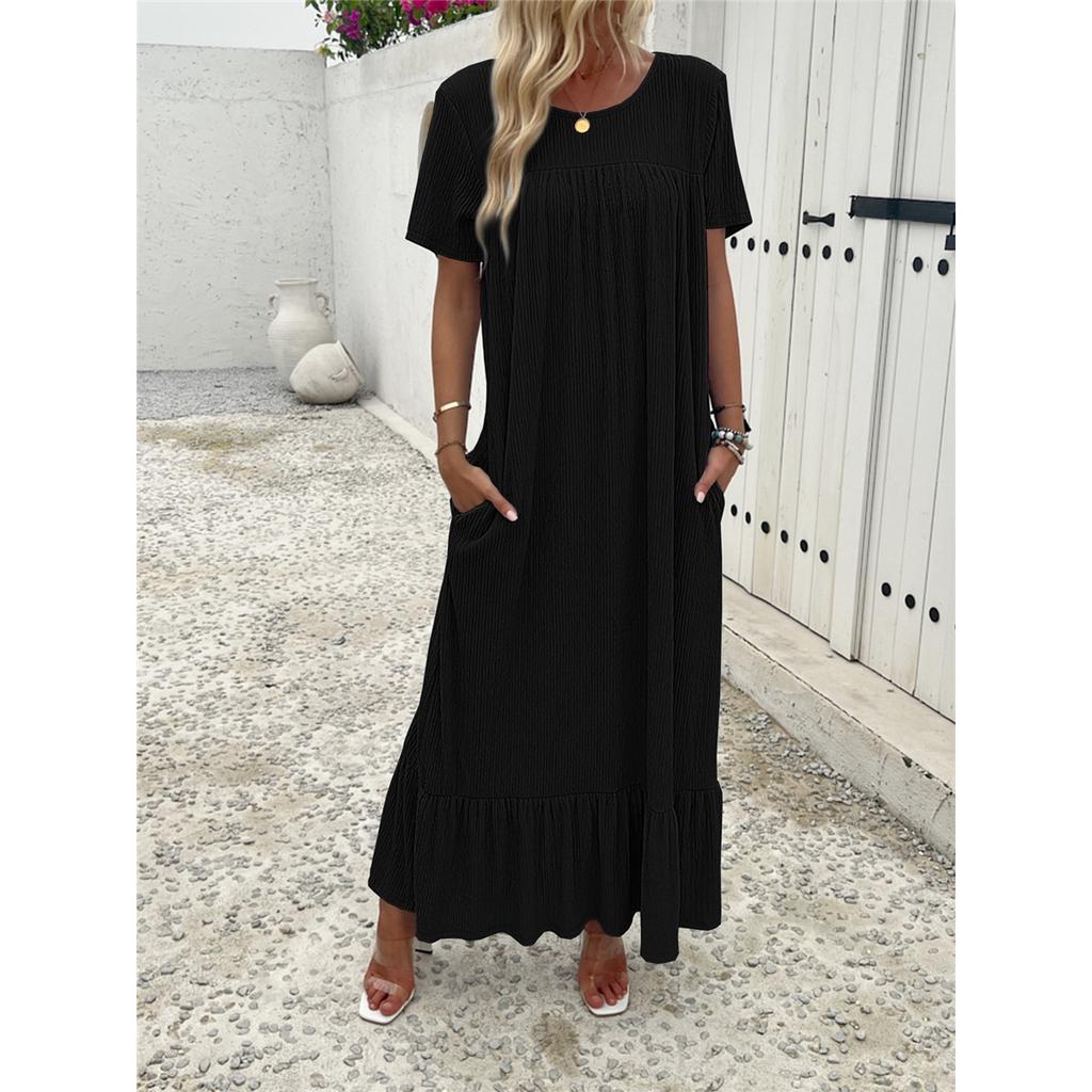 Damen Retro langes Kleid mit kurzen Ärmeln Rundhalsausschnitt lässig einfarbig Rüschensaum Kleid