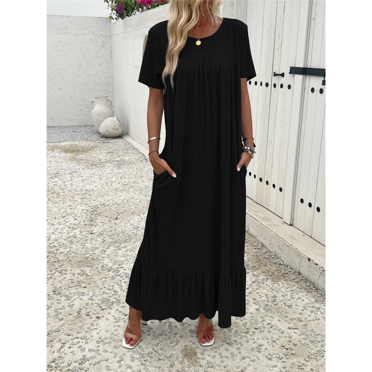 

Женское ретро длинное платье с короткими рукавами, круглым вырезом, повседневное однотонное платье с оборками по подолу L чёрный