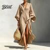 Slimming Loose Dress Women's Cotton Linen Maxi Dress V Neck Batwing Sleeve Sweat-absorbent High Split Casual Beach Sundress with Pockets Vacation