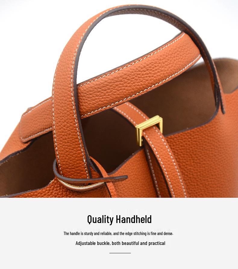 Women's Genuine Leather Bucket Handbag - Large Capacity, High-End Cowhide Veggie Basket Style
