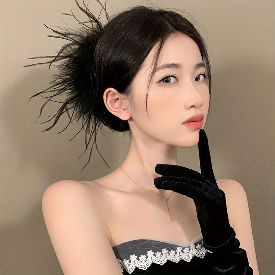 black large ostrich feather hair claw, elegant luxurious plush accessory for women, holds thick hair securely, suitable for daily & special occasions.
