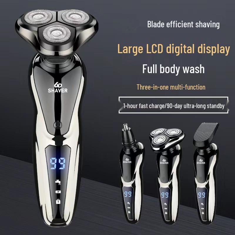 German Triple-Head LCD Digital Shaver: Washable 3-in-1 Hair Clipper, Nose Trimmer, Electric Shaver.