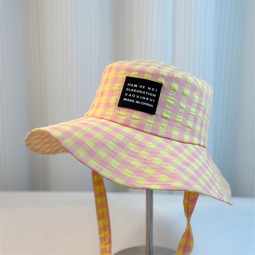 Women Plaid Lace-Up Fisherman Hat Spring Summer Wide Brim Sun Protection Hats Japanese Girl Outdoor Travel Beach Sunshade Caps