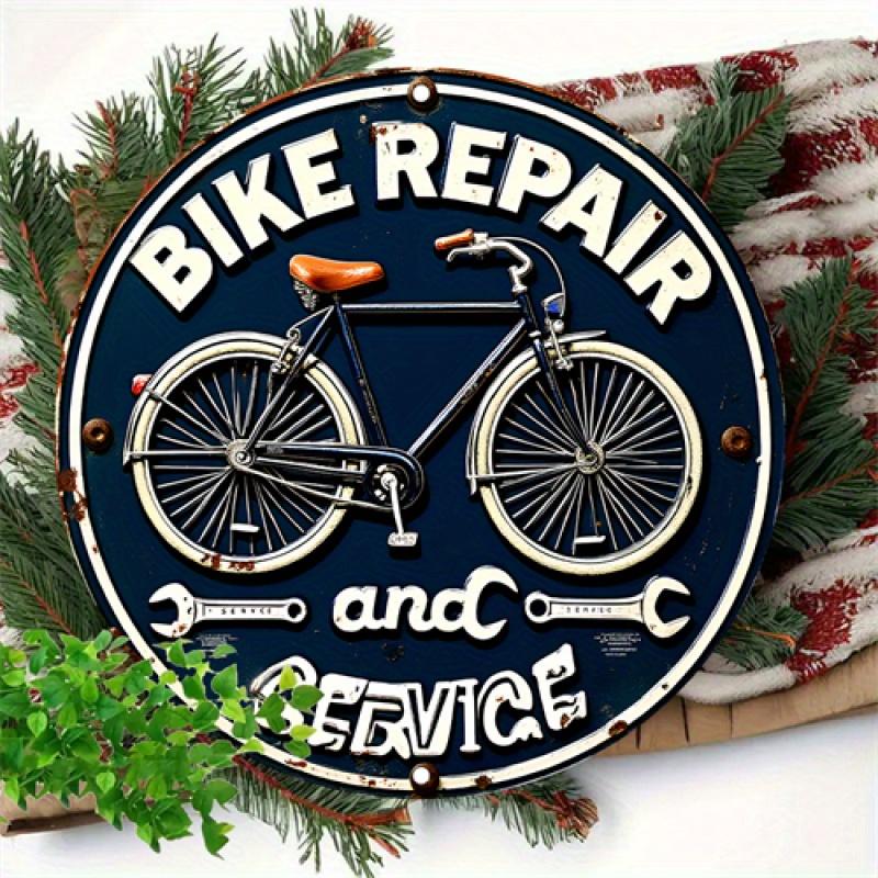HD Tin Sign Bike Repair and Service Round Metal Wall Art Vintage Bicycle Garage Decor
