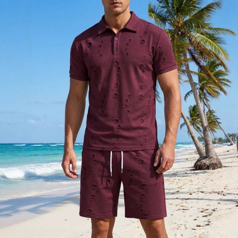 Mens Casual Solid Color Textured Dot Polo Shirt Drawstring Shorts 2 Piece Outfit