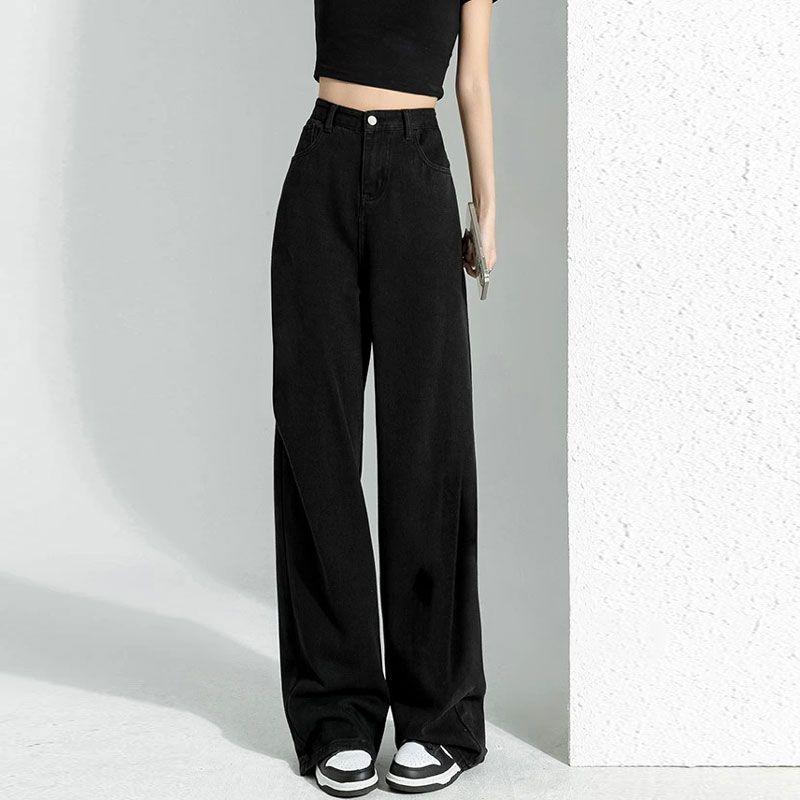 

Black Small Straight Trousers Versatile High Waist Korean Style Loose Draping Effect Chubby Girl Wide Leg Mopping Jeans Women Black S