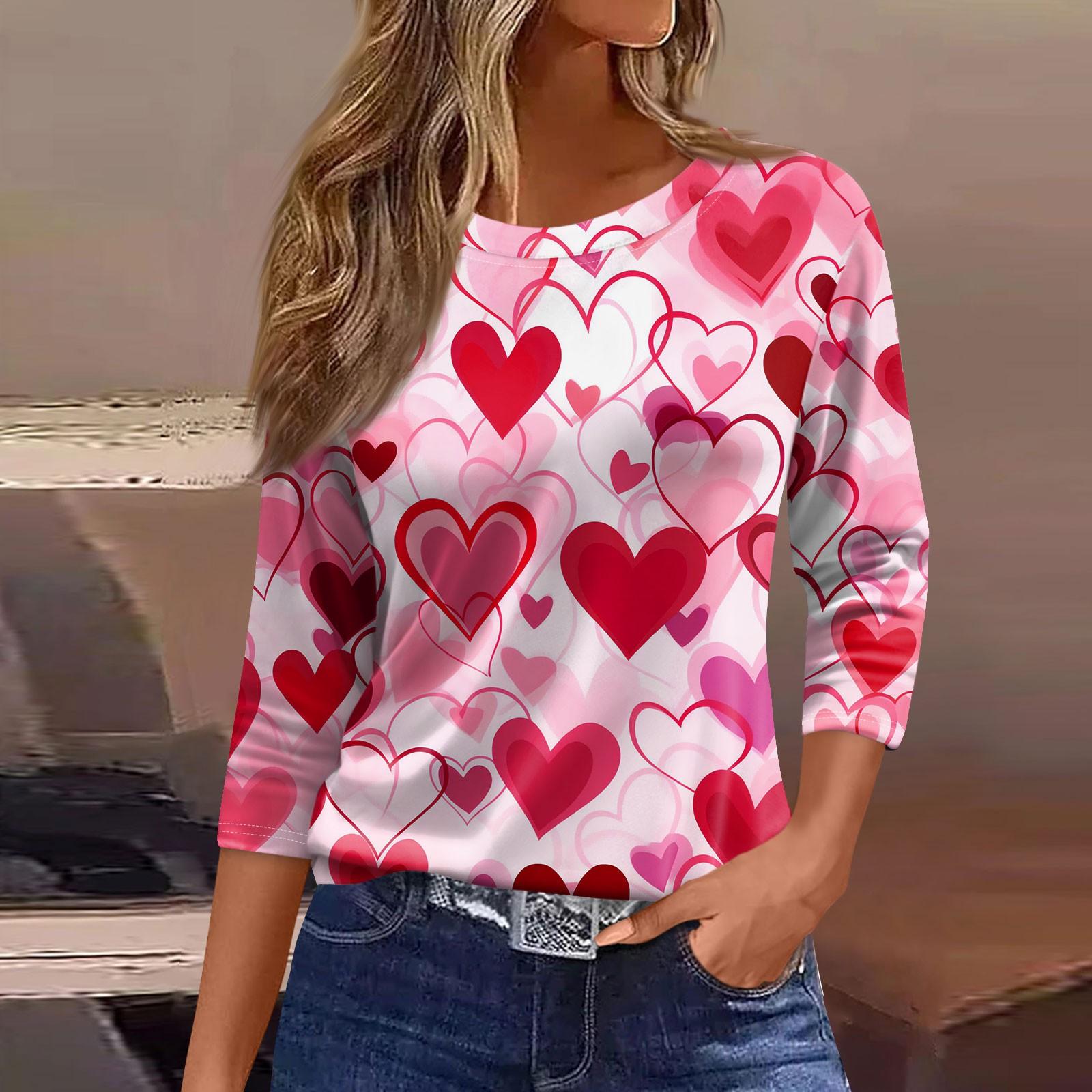 

Женский модный повседневный топ с круглым вырезом и принтом на День святого Валентина с семью рукавами XL красный