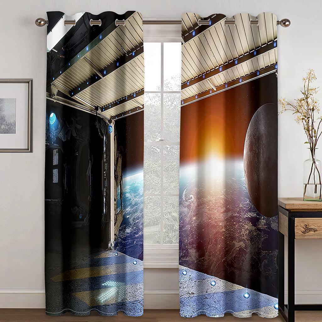 Universe Space Capsule Spaceship Astronaut Technology Thin Window Curtains for Living Room Bedroom Decor 2 Pieces Free Shipping