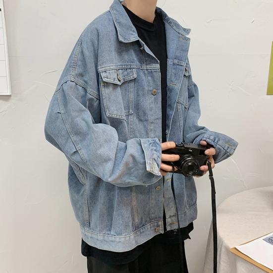 Men Denim Coat Lapel Long Sleeve Flap Pockets Single Breasted Jacket with Flap Pockets Solid Color Loose Fit Denim Outerwear