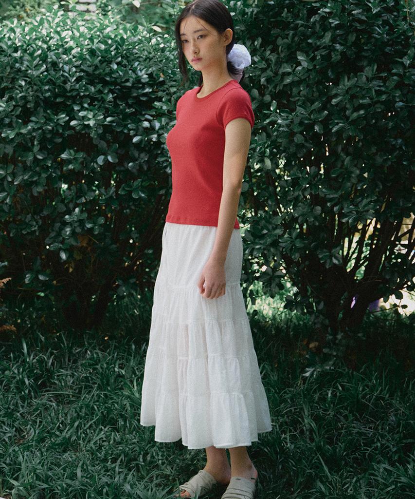 LEEJEE Shirred Long Tiered Skirt (Off-White)