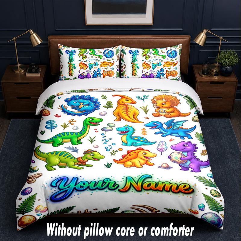 Dinosaur Theme Custom Text Or Name 3Pcs Bedding Set,1 Flat Sheet & 2 Pillowcases Personalized Home Bedding