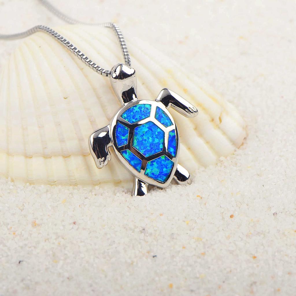 Aobao Blue Opal Turtle Necklace Chain Christian Silver Plated Women's Fashion Pendant Gift Jewelry