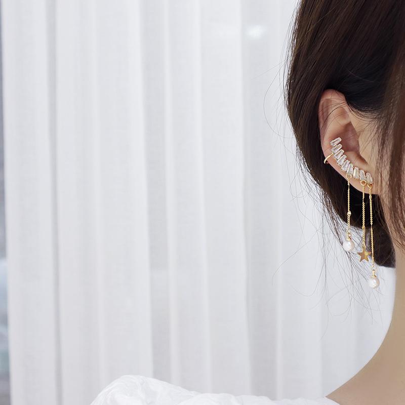Korea Fashion Jewelry 14K Real Gold Plating Copper Inlaid Zircon Earrings Asymmetric Pearl Tassel Women's Wedding Prom Earrings