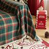 1PC Christmas Plaid Couch Cover with Tassel Christmas Atmosphere Sofa Towel Retro Holiday Red and Green Grid Cover Cloth Towels