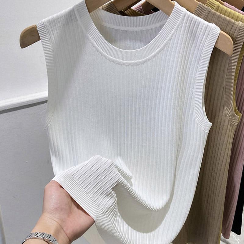 White Tank Tops Women 2025 Summer Sleeveless O-Neck Black Knitted Tank Tops Camis Women Tops JJ272