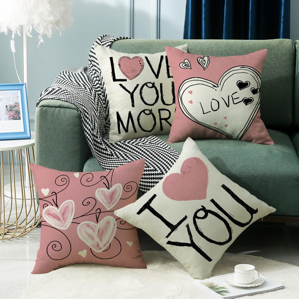New Valentine's Day Pillow Case Pink Love Linen Print Couple Home Living Room Sofa Cushion Pillow