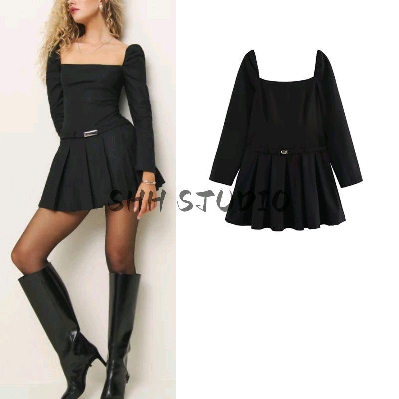 Spring New Women's Clothing Fashion Style Casual Minimalist Square Collar Long Sleeve Hem Pleated Short Mini Dress