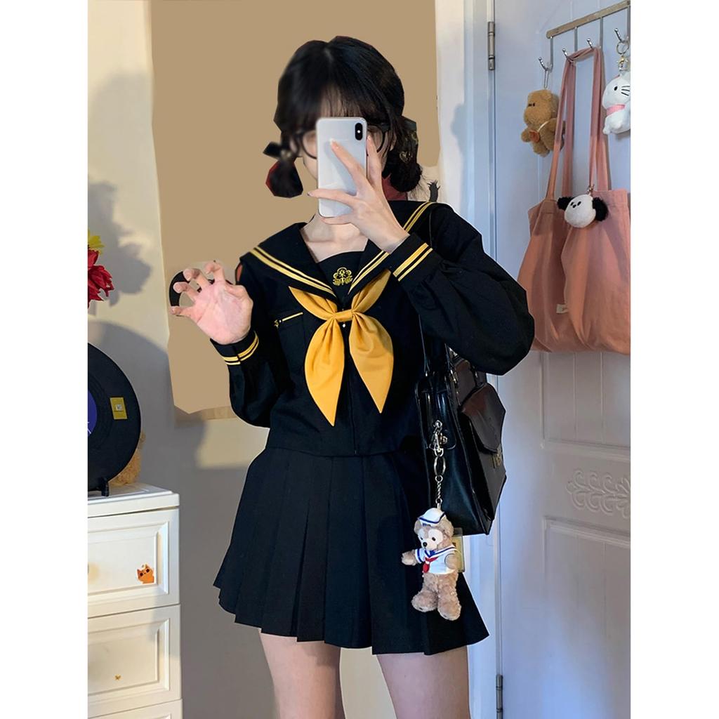 Longpen School Authentic Sailor Lolita Yellow Pleated Classic Cosplay Long JK Sailor School Lolita Costume for Photo Cultural Halloween Uniform, Suit,