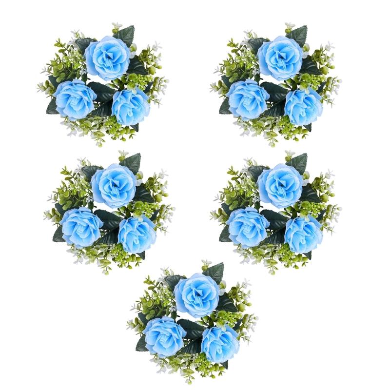 

5Pcs Artificial Flower Candle Rings Wreaths Florals Decors Small Fake Roses Wreath Wedding Centerpieces Party Decoration