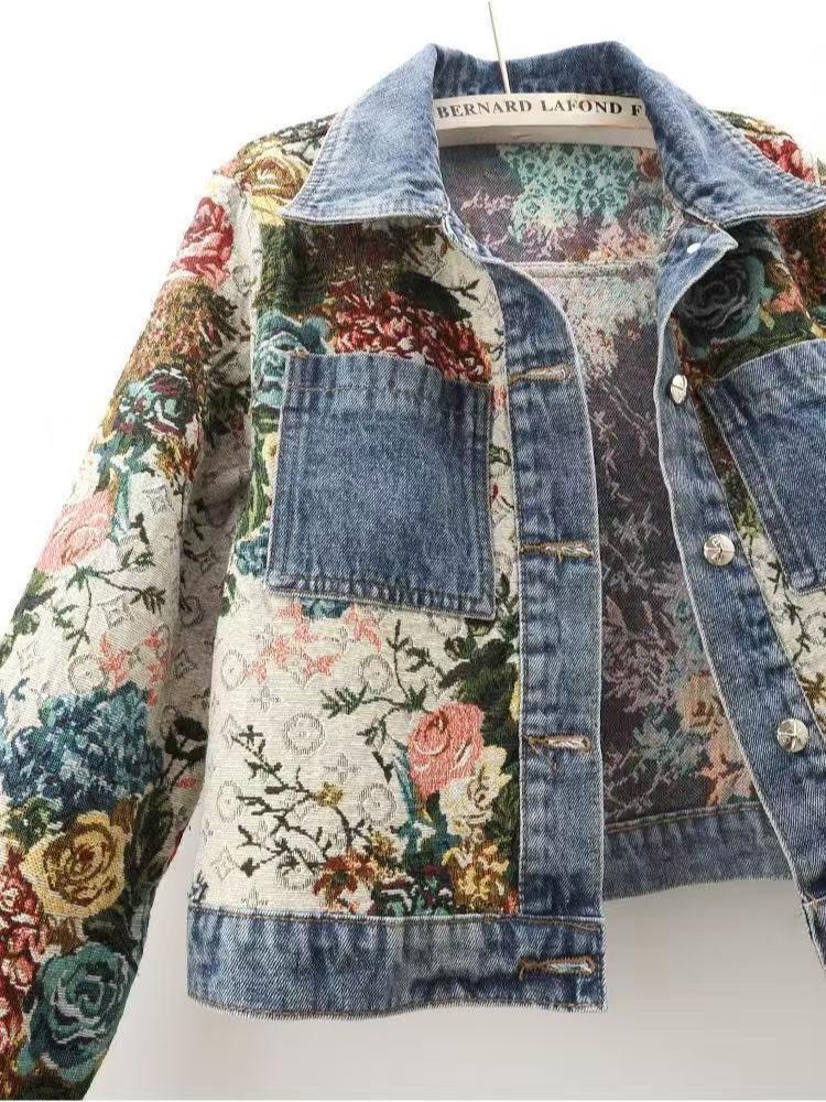 Giacca di jeans patchwork stampata versatile da donna Autunno 2025 - Modello Petite Corto, Manica Lunga