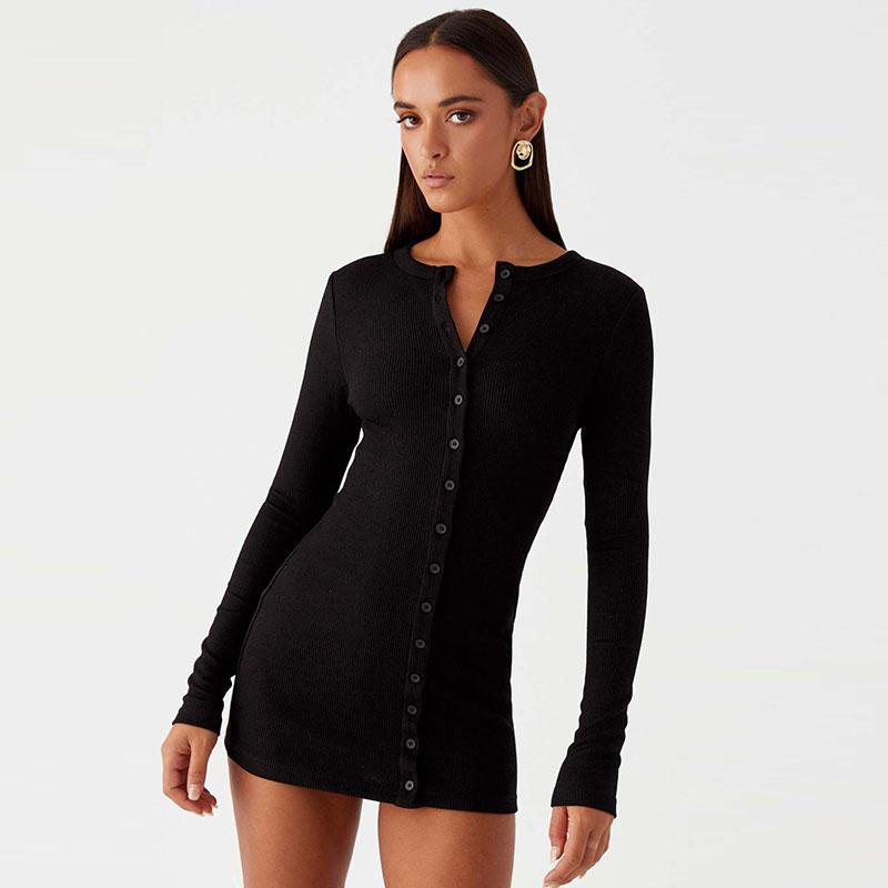 

Трикотажное однобортное мини-платье с круглым вырезом, женское универсальное сексуальное однотонное облегающее короткое платье с длинным рукавом, осенняя одежда для вечеринок M чёрный