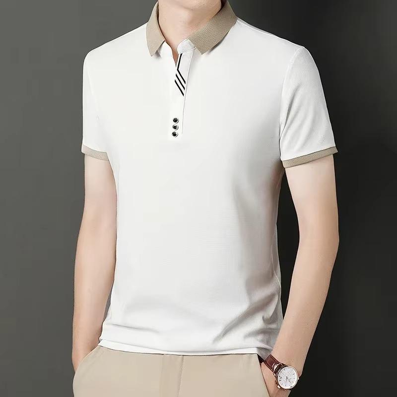 Summer Men's Polo Shirt Jacquard T-shirt Lapel Collar Color Block Casual Short Sleeve Tees Breathable Male Button Tops