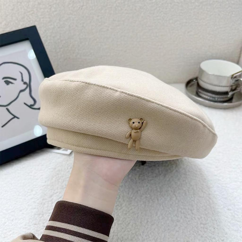 Woolen Beret Woman Shows Face Small Autumn and Winter Baby Bear Retro Cartoon Fashionable Temperament Painter Hat Woman