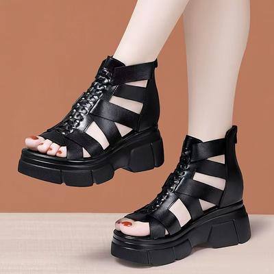 Damen Sommer Leder Ausgeschnittene Keilabsatz Sandalen Dicke Sohle Rutschfest Atmungsaktiv Hoher Schaft Bedeckter Absatz Reißverschlüsse Offene Zehenpartie Sandalen