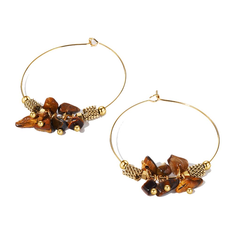 French Retro Tiger's Eye Earrings: Titanium Steel with 18K Gold, Non-Fading Natural Stone, Elegant Brown Design.