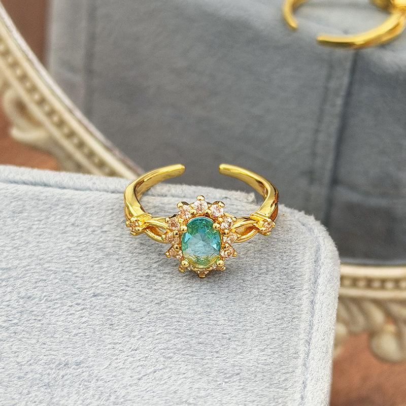 Medieval Vintage Retro Colored Treasure Zir*****Pen Ring Stacked Wearing Temperament Niche Design Light Luxury Index Finger Ring Women