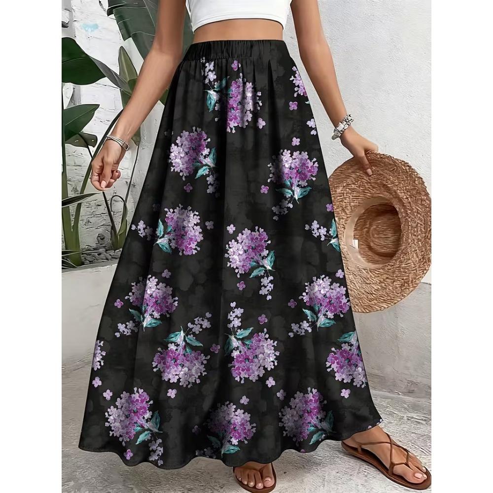 Summer Women's Skirt High Waist Elastic Waist Two-wearing Flower Print Black Vacation Party Beach Skirt