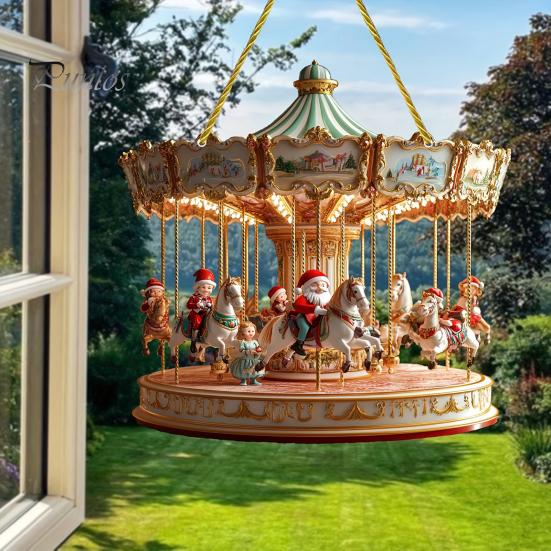 Santa Claus Carousel Pendants Christmas Carousel/Snow Cottage Hanging Ornament, Double-Sided Double Sided Printed Acrylic Charms Pendant for