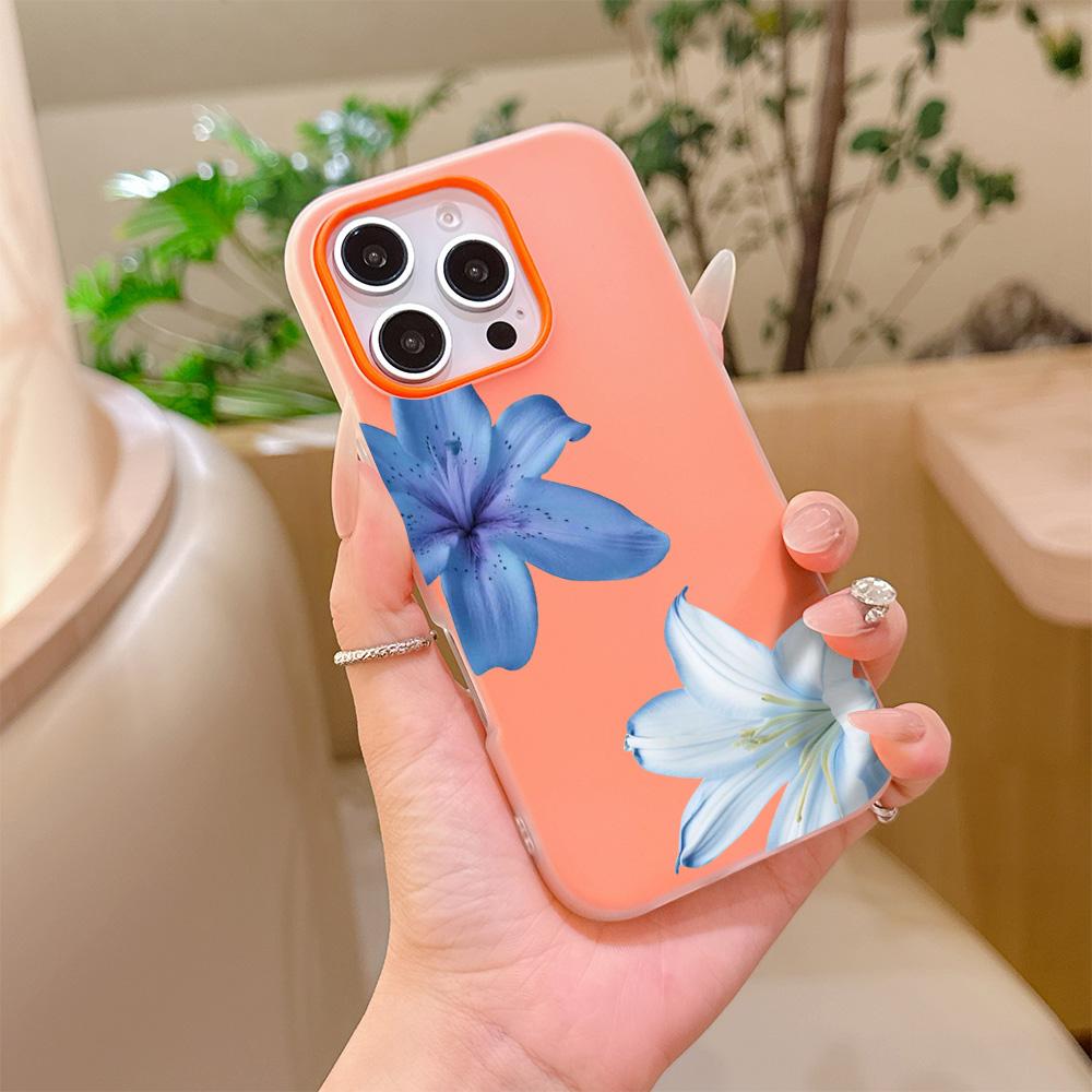 Silicone Matte Candy Color 2 in 1 Phone Case for iPhone 17 Air 16e 16 15 14 13 Plus 12 11 Pro X XR Max Elegant Blue Lily Pattern
