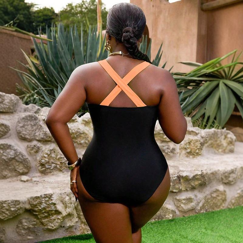 European and American Solid Color Dark V One-piece Swimsuit Conservative Swimsuit Bikini 4XL