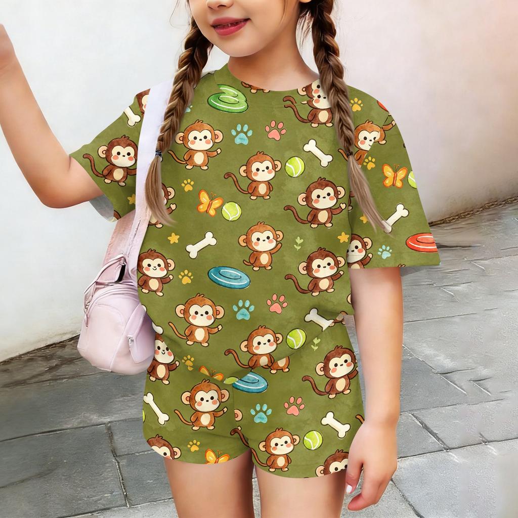 Kids Casual Short Sleeve Top and Shorts Set Animal Print Lightweight Comfortable Summer Outfit for Boys and Girls